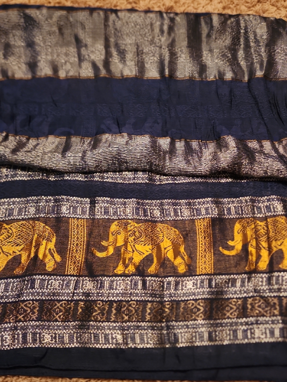 100% Silk Long Thai Boho Elephant Print Scarf/shaw in Navy and Gold